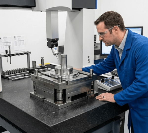 Precision engineer inspecting deep drawn stamping die clearance and wall thickness accuracy using CMM measurement