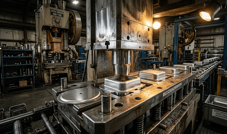 Deep drawn stamping die forming a seamless stainless steel metal enclosure for EV and aerospace applications