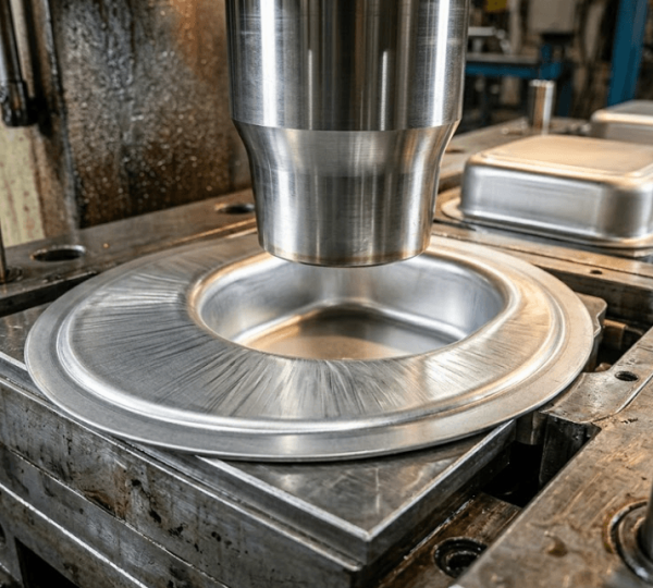 Deep drawn stamping process showing punch forcing blank into die cavity with blank holder controlling material flow