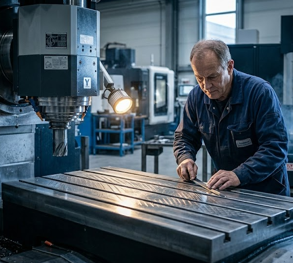 Quality control engineer inspecting precision CNC machined die components on a workbench under bright inspection lighting