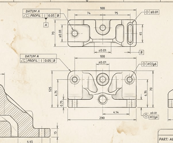 Technical sketch illustration of a precision machined metal part with engineering dimension callouts and tolerance deviation annotations