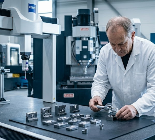 Technician hand-scraping the precision guideway of a CNC machine tool in a factory workshop