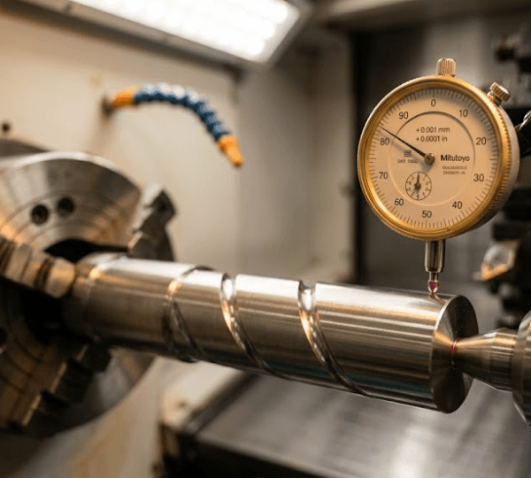 Precision CNC turned stainless steel shaft being measured for concentricity and runout with a dial indicator in a machining quality control setup