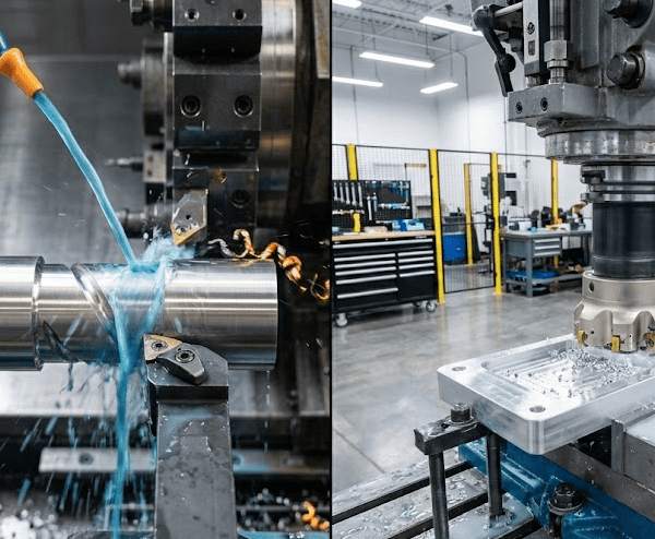 Side-by-side comparison of CNC turning lathe rotating a cylindrical shaft on the left and CNC milling machine cutting a flat bracket on the right