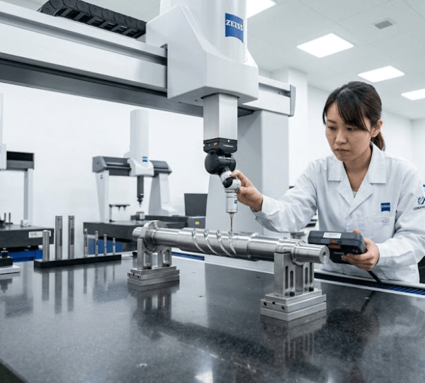 Quality engineer using a Zeiss CMM coordinate measuring machine to verify concentricity and diameter tolerance on a precision CNC turned stainless steel shaft