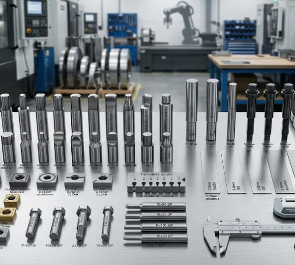 Carbide and tool steel die components with metal strip samples of different thicknesses