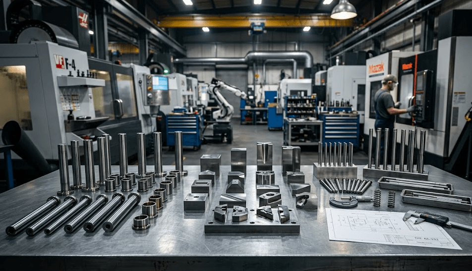 Precision mold components including guide posts, punch inserts, and ejector pins arranged on an inspection table in a CNC machining facility