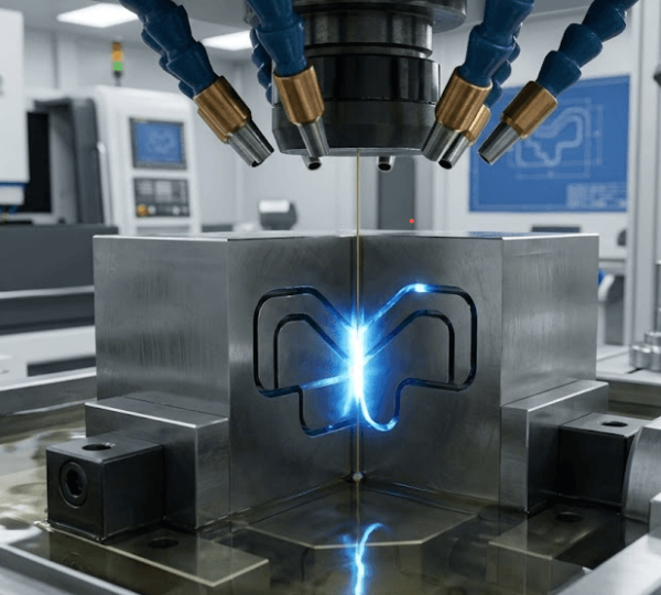 Wire EDM machine cutting a complex punch profile from hardened tool steel for precision mold component manufacturing
