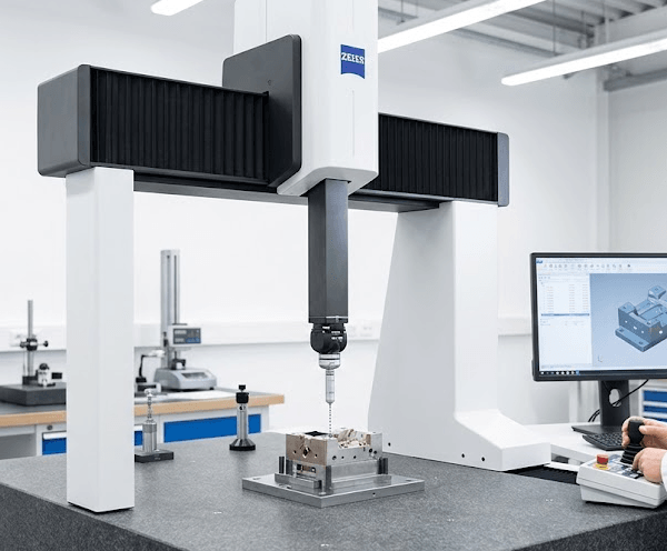 Quality control technician using a Zeiss CMM coordinate measuring machine to inspect precision mold component dimensions against CAD specifications