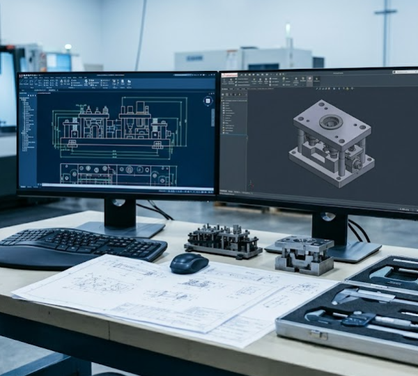 Engineer workstation with SolidWorks CAD die design for progressive stamping tooling