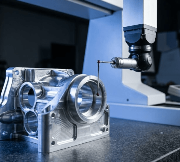 CMM probe measuring a precision bore on a custom CNC milled aluminum component for tolerance verification