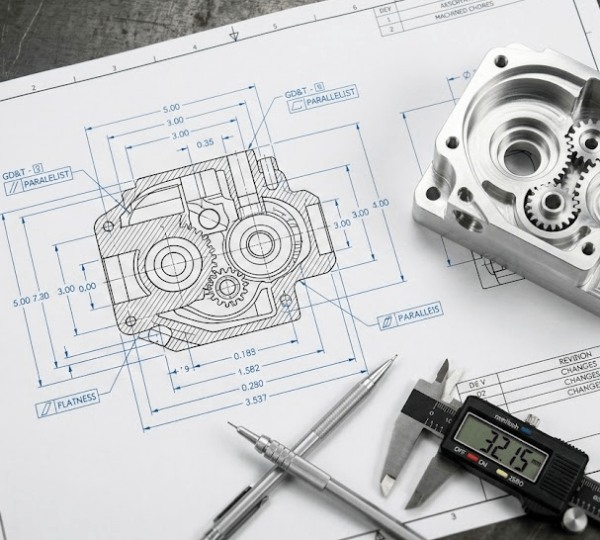 Engineering drawing with GD&T tolerance callouts placed next to a finished custom aluminum CNC milled part and digital caliper