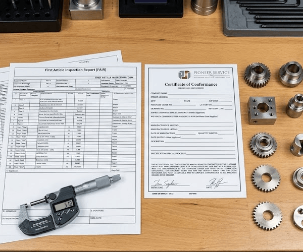 First article inspection report and certificate of conformance documents beside a batch of precision machined stainless steel CNC milled components