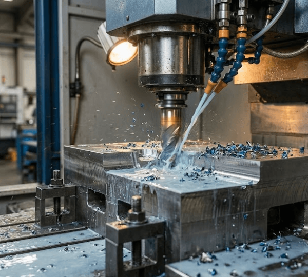 CNC milling machine cutting a steel die block during precision stamping tooling development