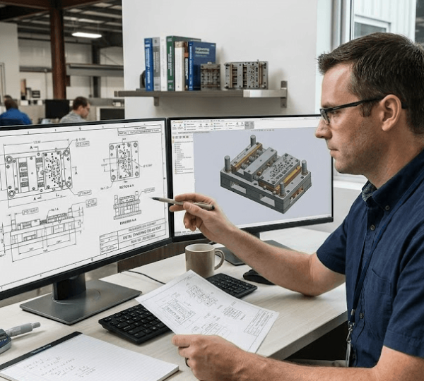Engineer reviewing CAD model and technical drawing for stamping die DFM analysis
