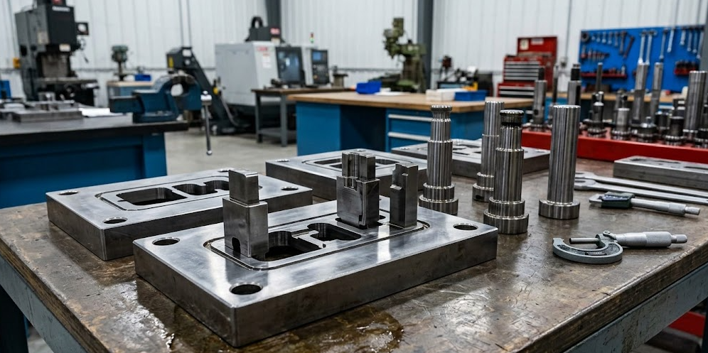 Precision stamping die components manufactured by experienced stamping die manufacturer showing die plates and punch inserts