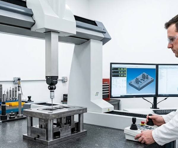 Quality inspection of stamping die components using CMM coordinate measuring machine ensuring precision and zero defects