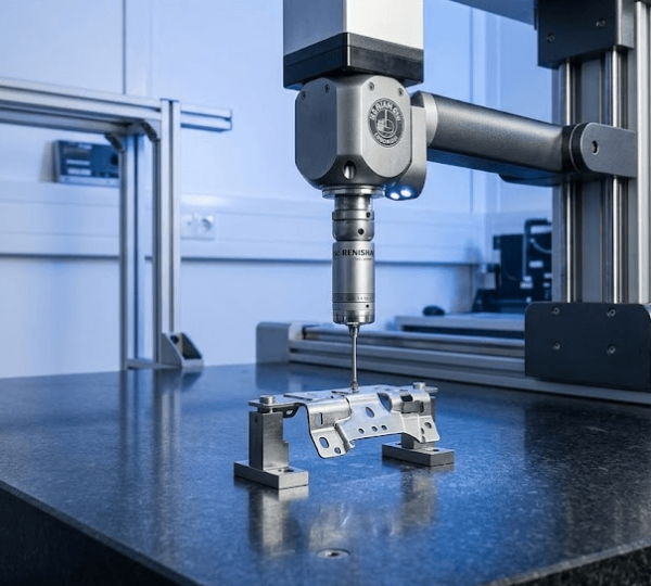 CMM probe measuring a stamped metal part during die testing and process validation