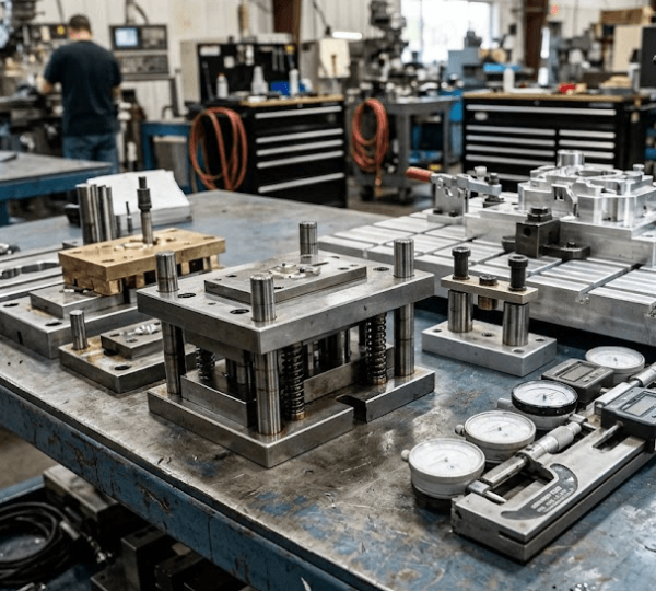 Custom tool and die components including dies jigs and fixtures on a machinist workbench