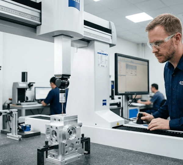 Quality control engineer inspecting machined parts with a coordinate measuring machine at a tool and die supplier