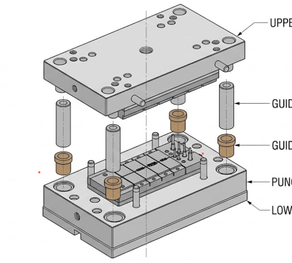 diagram showing four main components of tooling dies sets upper die shoe lower die shoe guide posts and bushings
