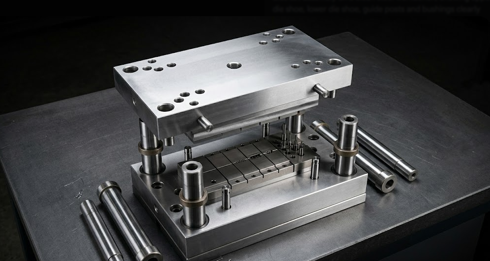 tooling dies sets showing upper lower die shoes guide posts and bushings for precision metal stamping