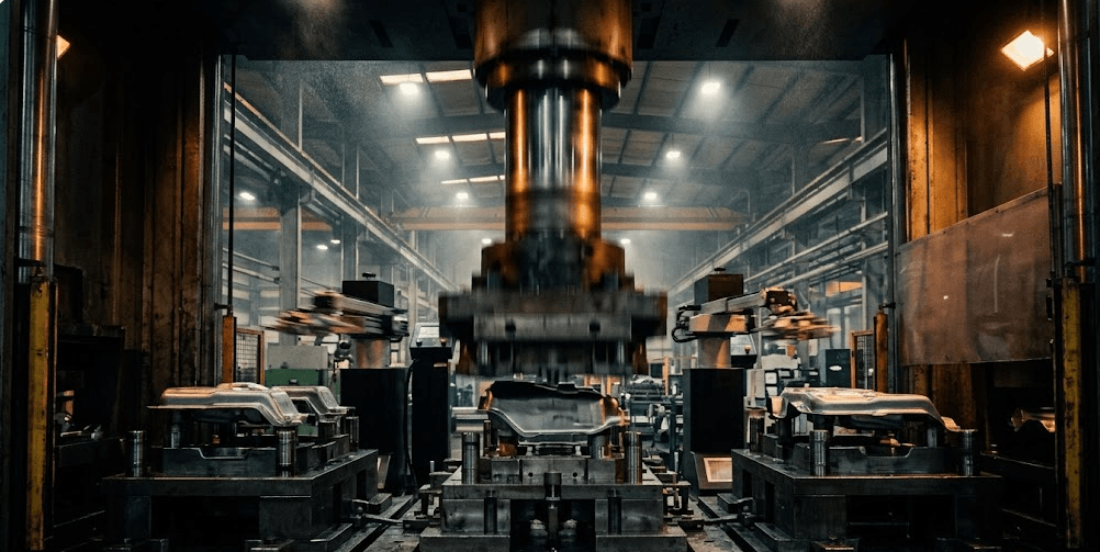 Heavy-duty transfer die stamping press forming large automotive structural component with robotic transfer arms visible in industrial facility