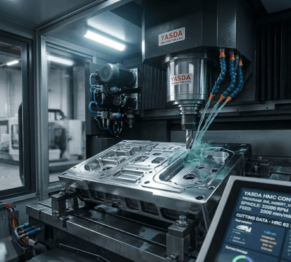 YASDA high-speed CNC Machining Center producing mirror-finish surface on a precision stamping die insert