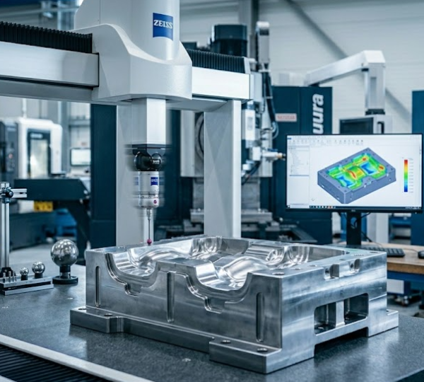 Zeiss coordinate measuring machine probing a hardened steel stamping die component in a temperature-controlled quality laboratory