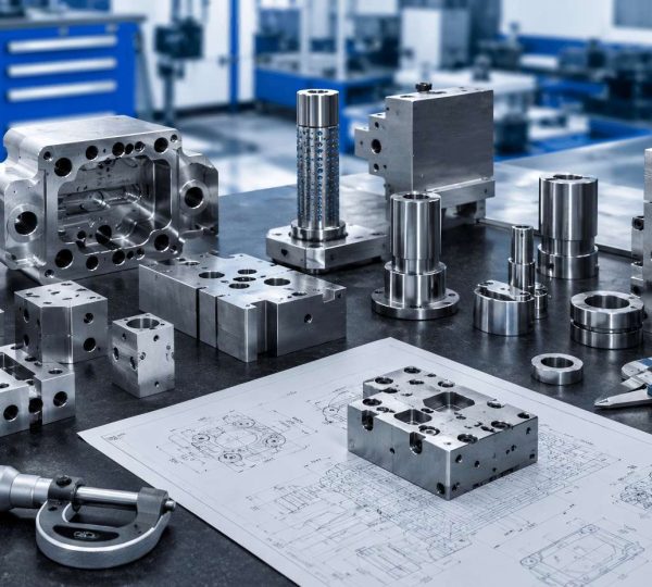 custom machined components for automotive tooling with technical drawing