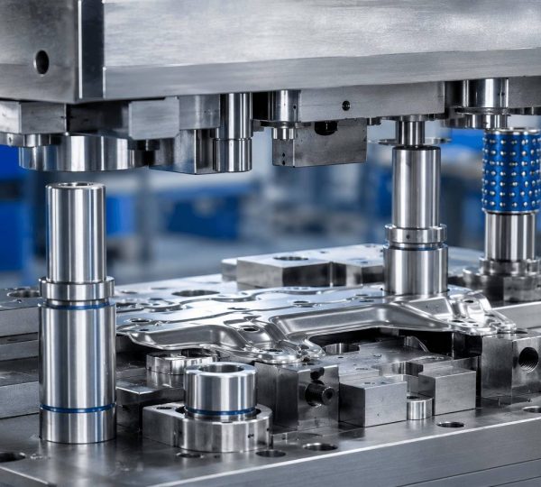 guide pins and bushings controlling movement in automotive tooling