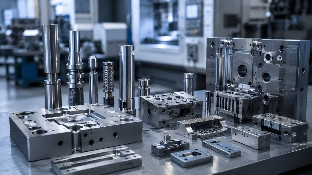 High precision machining tooling and die components on a metal workbench