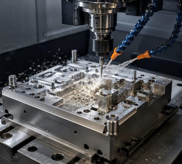 CNC machining precision die components with coolant during mold manufacturing