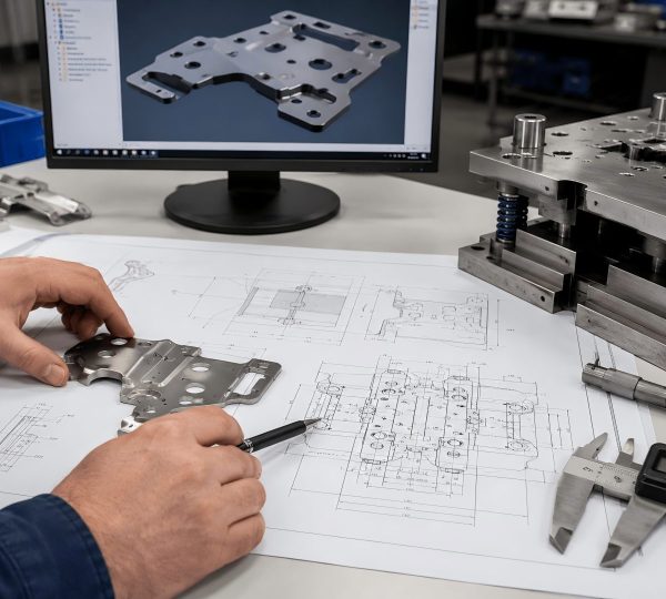 Engineer reviewing a customer drawing and metal stamped part for precision die design