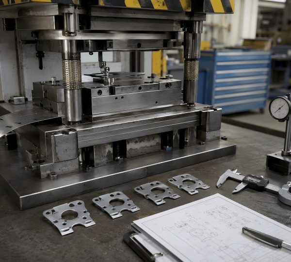 Precision stamping die trial run with metal samples and inspection tools