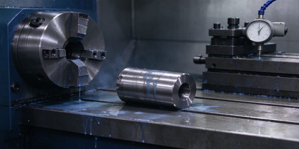 Part being transferred from lathe chuck to mill vise between setups