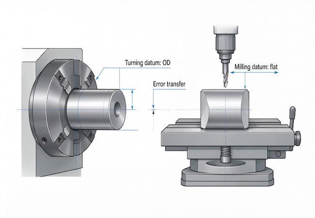 Datum shift between turning and milling setups