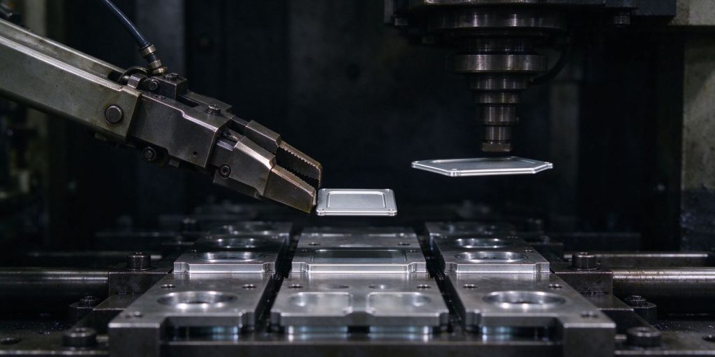 Transfer die stamping gripper feeding blank between stations
